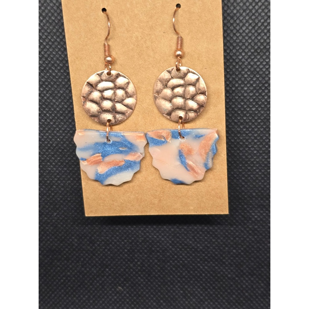 Handmade Hammered Rose Gold and Blue Marbled Scalloped Polymer Clay Drop Earring